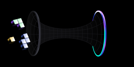 Illustration showing different tetris blocks entering a wormhole and Push Chain logo emerging from the other end.