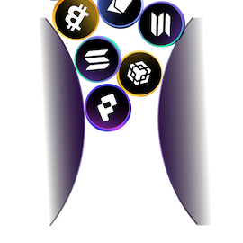 Supports transactions from any blockchain. Illustration showing different blockchain logos falling in a pin ball machine.