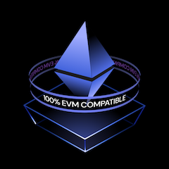 Zero on-chain code changes required, 100% EVM Compatible. Illustration showing Ethereum Virtual Machine logo spinning and saying 100% EVM Compatibility.